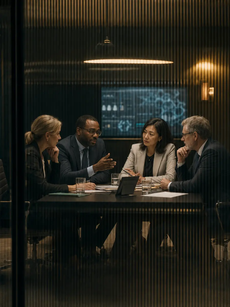 A diverse group of pharmaceutical professionals exchanging ideas around a table