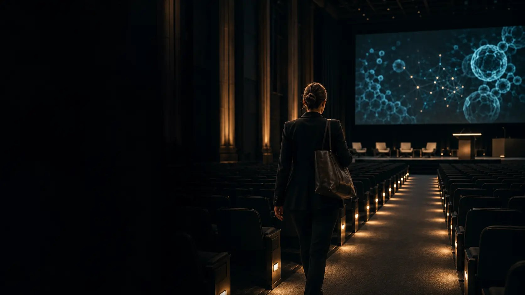 A pharmaceutical professional entering a scientific conference auditorium