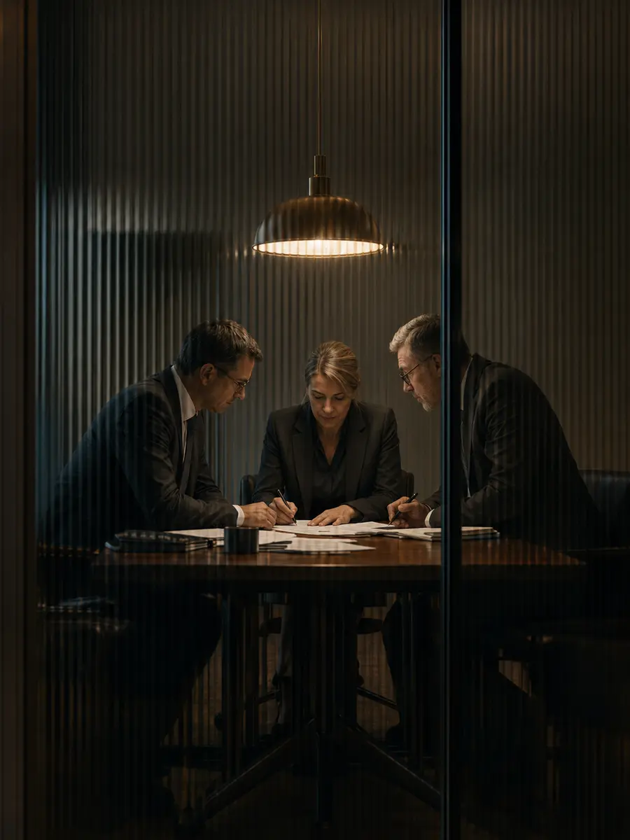 Three regulatory specialists reviewing controlled documents behind ribbed glass